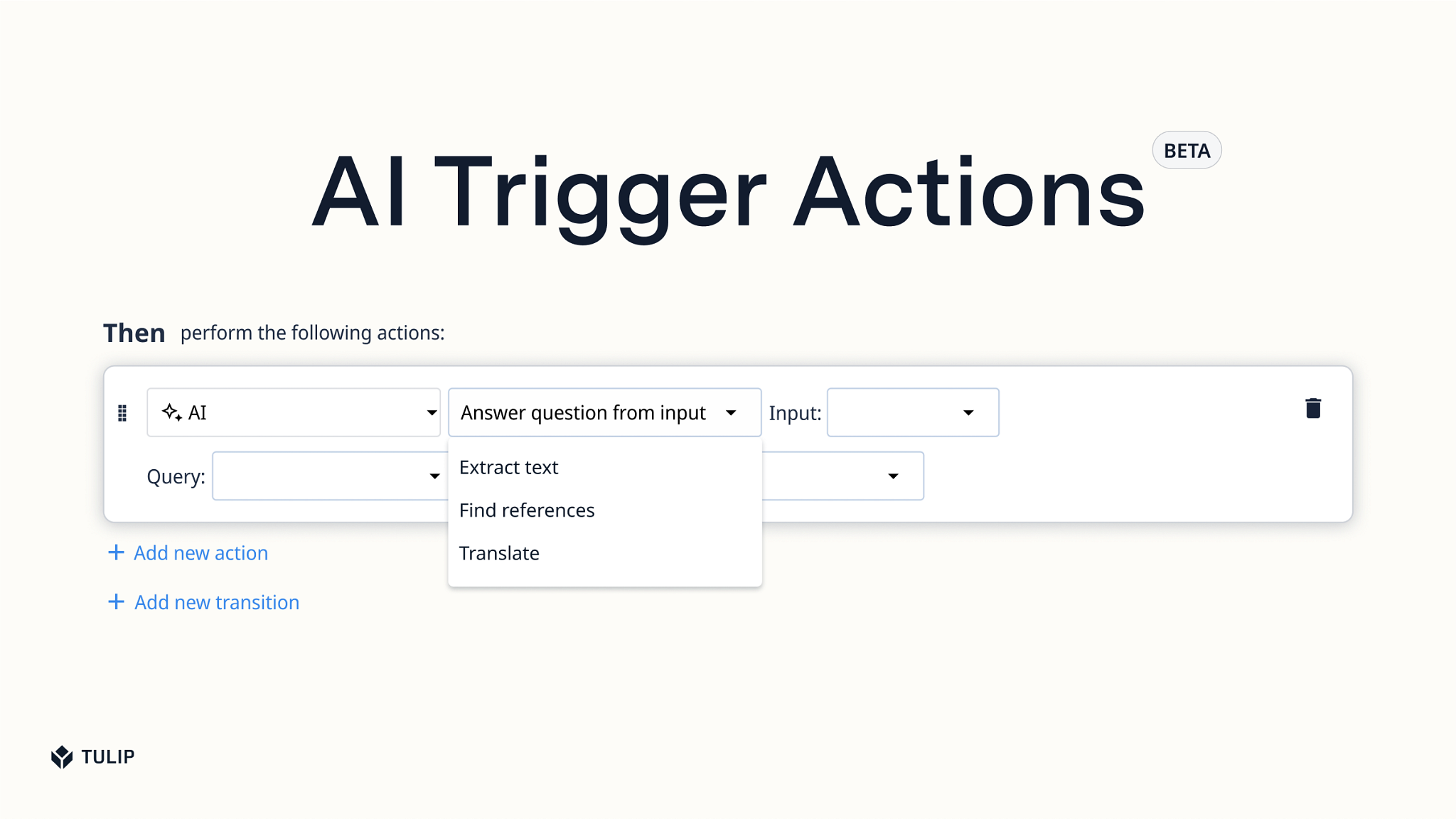 Screenshot der AI Trigger Actions Softwareoberfläche in Tulip mit dem Text "AI Trigger Actions Beta".